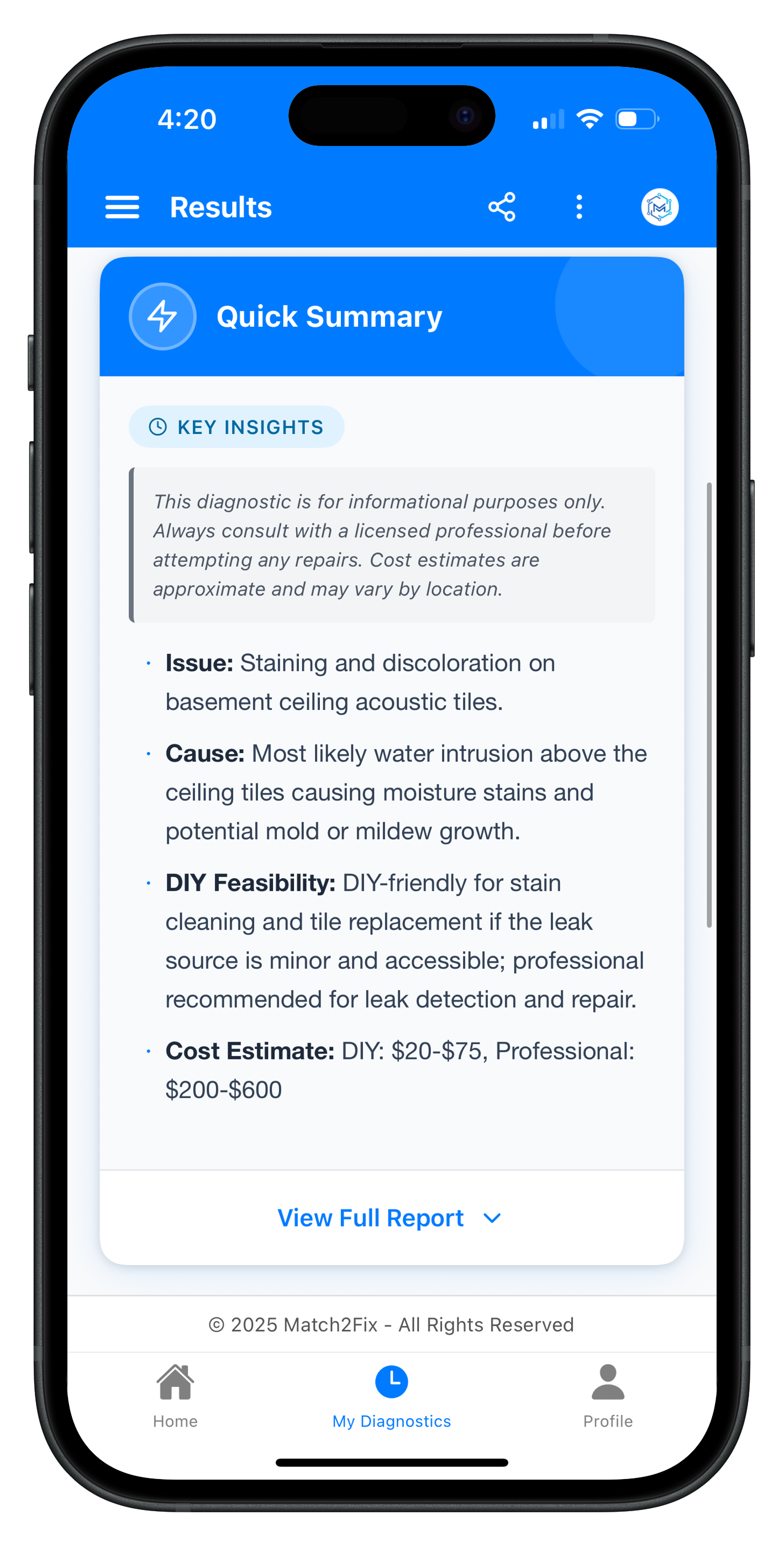 Match2Fix app showing diagnostic results